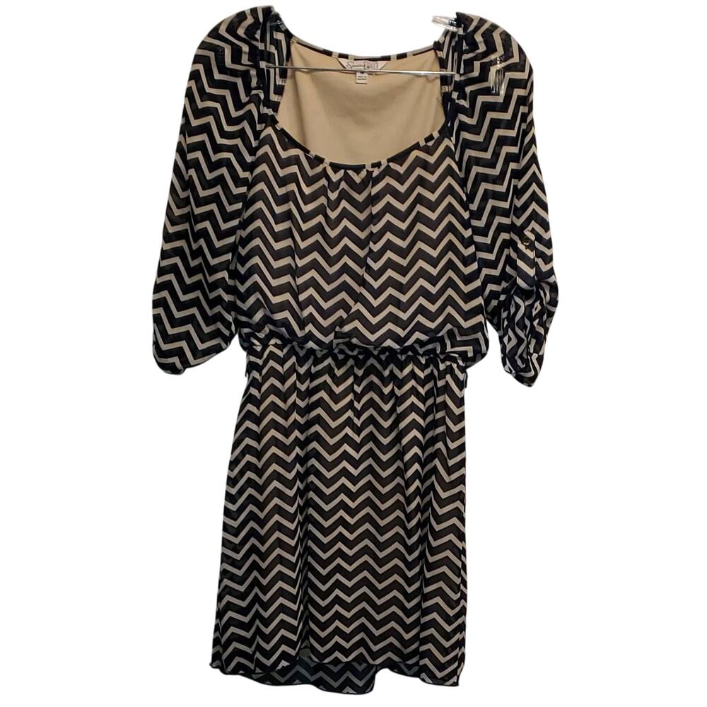 Speckles Zig Zag Chevron Blue & Cream Midi Elastic Waist Dress Size Medium